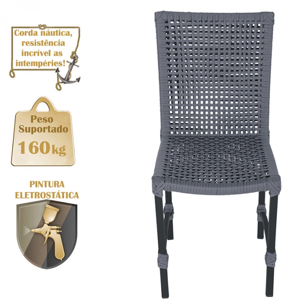 Mesa Ascoli 120 Cm com 6 Cadeiras Cannes de Alumínio, Pintura Preta e Trama Tela de Corda Náutica - 4