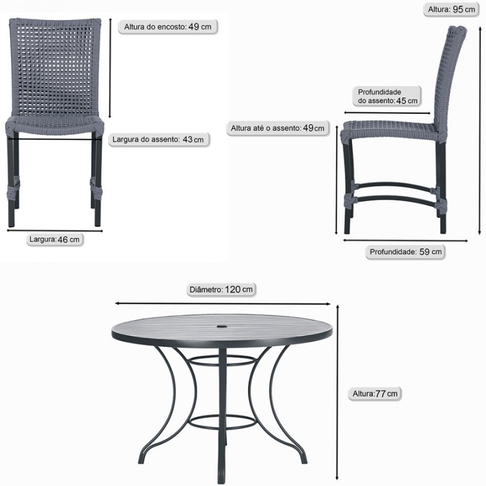 Mesa Ascoli 120 Cm com 6 Cadeiras Cannes de Alumínio, Pintura Preta e Trama Tela de Corda Náutica - 2