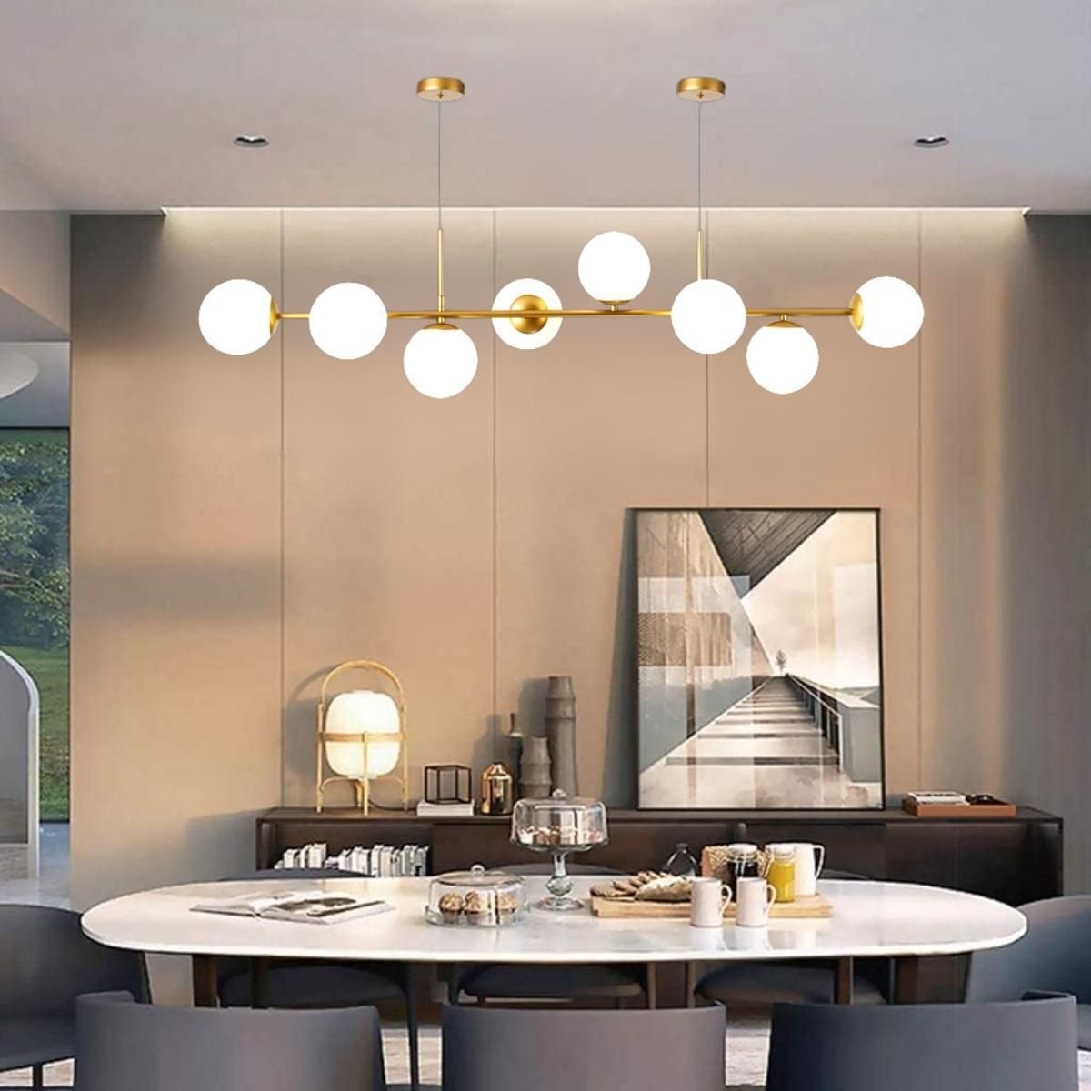 Ver imagem 2 de Luminária Lustre 8 Globos 128cm X 118cm Jabuticaba Pendente Teto Gimpo Kjdd-e-544-gold-milky-8