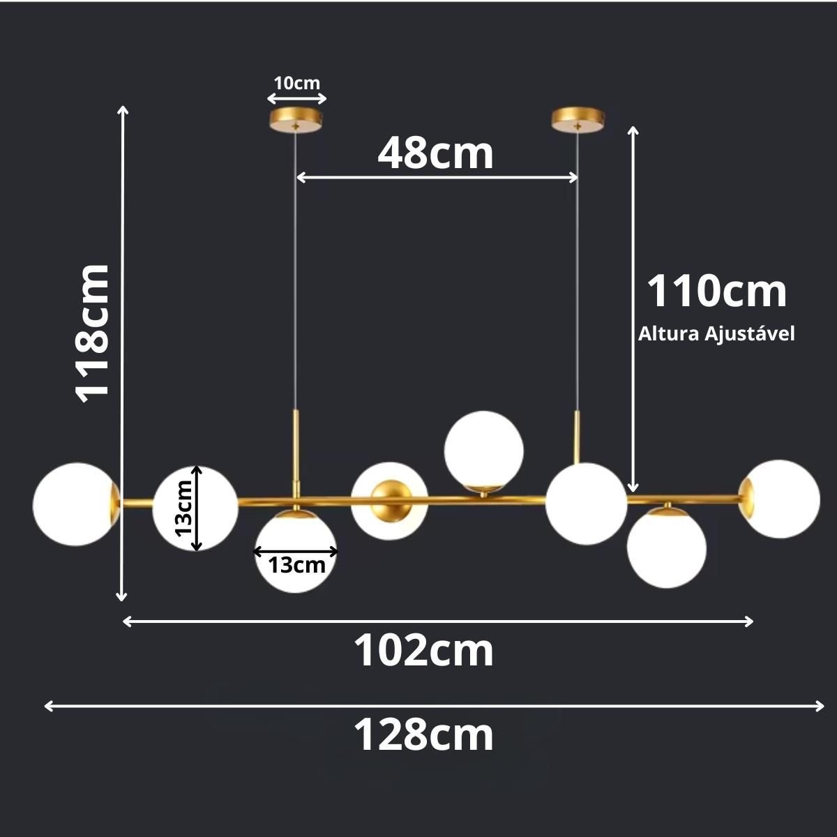 Ver imagem 3 de Luminária Lustre 8 Globos 128cm X 118cm Jabuticaba Pendente Teto Gimpo Kjdd-e-544-gold-milky-8