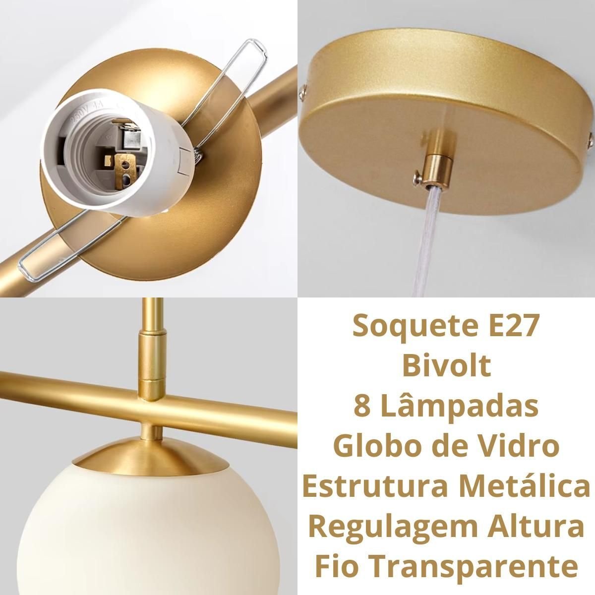 Ver imagem 7 de Luminária Lustre 8 Globos 128cm X 118cm Jabuticaba Pendente Teto Gimpo Kjdd-e-544-gold-milky-8