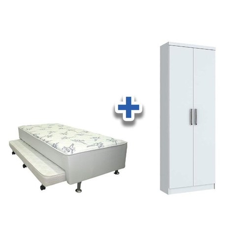 Cama Box Solteiro Conjugado Ortobom White c/ Auxiliar + Armário Multiuso Margarida Branco