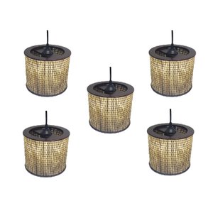 Kit 5 Lustre Pendente Moderno Luminária Rustica Bambu Frisos