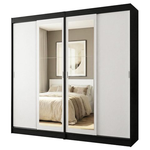 Conjunto 2 Guarda-Roupas 4 Portas de Correr com 2 Espelhos Preto/Branco Tokio Madesa