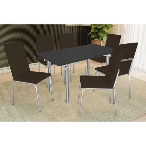 Conjunto: Mesa Sala Jantar Elba Tampo Madeirado C/ Vidro 160cm e 6 Cadeiras Amsterdã Cromada/preto