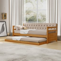 Sofá Cama Solteiro Verona Imbuia Estofado Capitonê Veludo Bege com Cama Auxiliar - 1