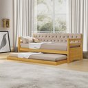 Ver imagem 1 de Sofá Cama Solteiro Verona Imbuia Estofado Capitonê Veludo Bege com Cama Auxiliar