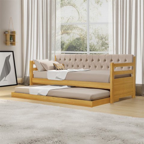 Sofá Cama Solteiro Verona Imbuia Estofado Capitonê Veludo Bege com Cama Auxiliar