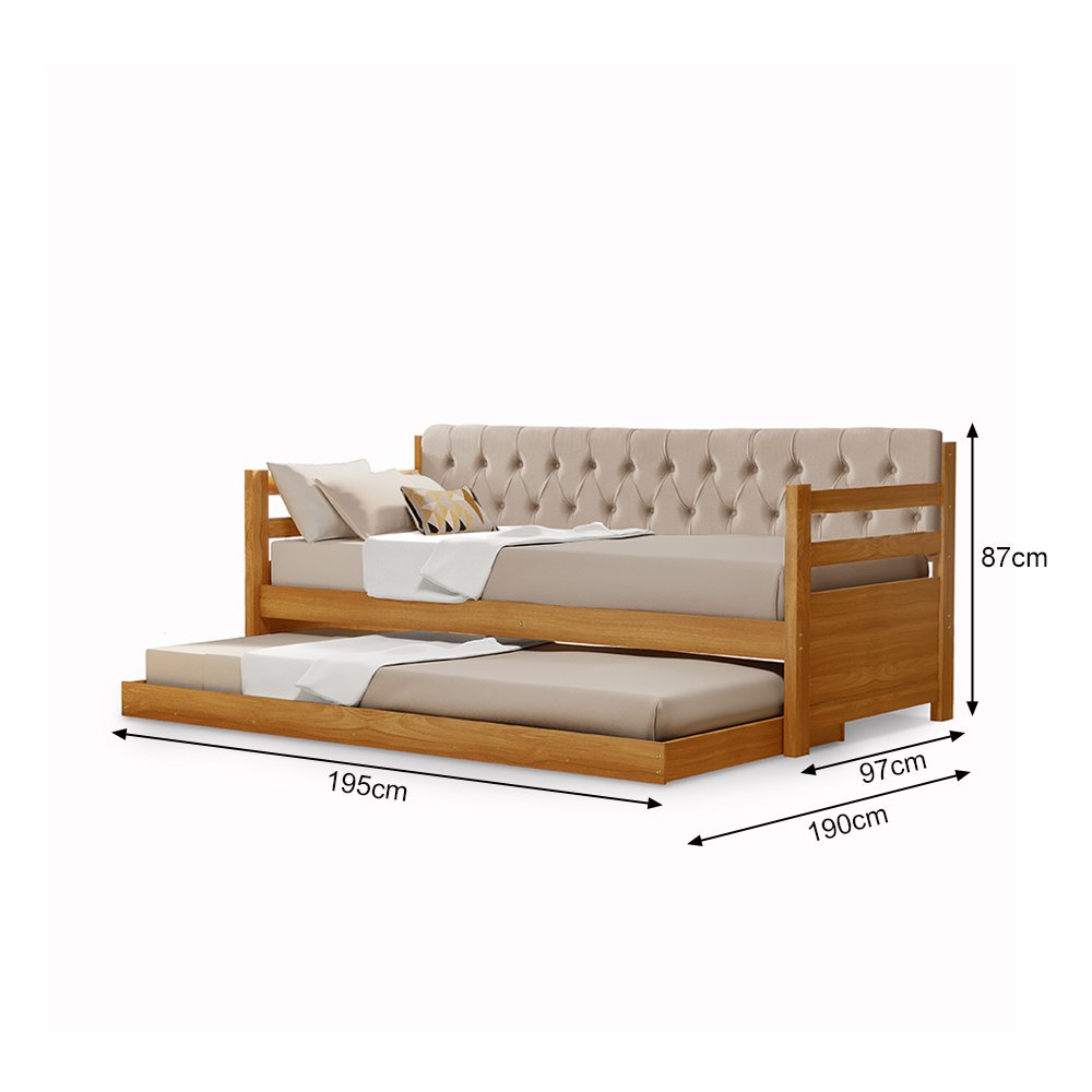 Sofá Cama Solteiro Verona Imbuia Estofado Capitonê Veludo Bege com Cama Auxiliar - 4