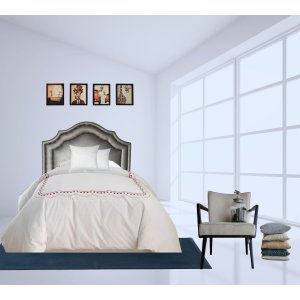 Cabeceira Solteiro Provençal Luxo Veludo Cinza Dupla Tacha