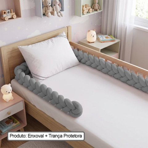 Enxoval Cama Infantil Cinza Classe a com Lençol Trança Travesseiro e Fronha Conforto Premium