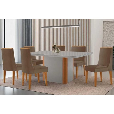 Conjunto: Mesa Sala Jantar Pietã¡ Curvo 180cm + 6 Cadeiras Dakota Madeira Naturale/off White -