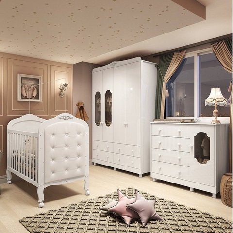 Quarto de Bebê com Guarda Roupa Cômoda com Janelas e Berço com Capitonê Maya Provençal 100% Mdf