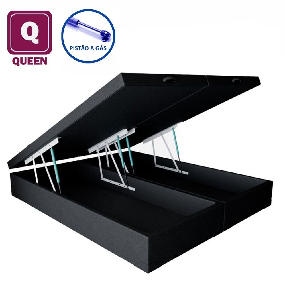 Base Box Baú Queen size Bi partida em Sintético preto com Pistão a gás - 158x198x27 - 2