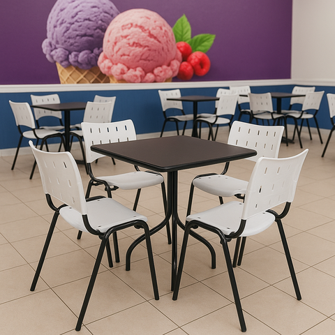 Jogo Mesa 70x70 Preta para Sorveterias e Restaurantes com 4 Cadeiras Iso Branca