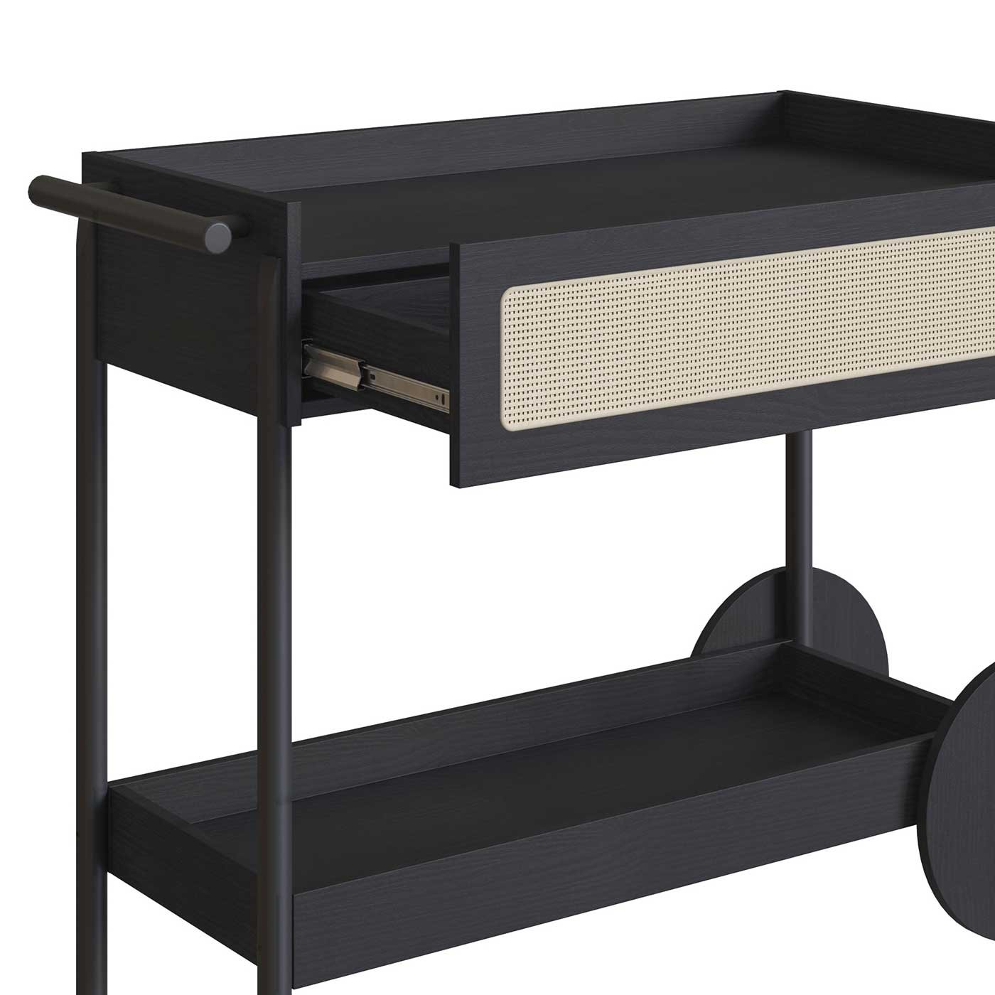 Carrinho Bar 1 Gaveta 112cm C/ Porta Taças Palhinha Pé Madeira Oslo Artesano | Nero - Nero/preto - 4