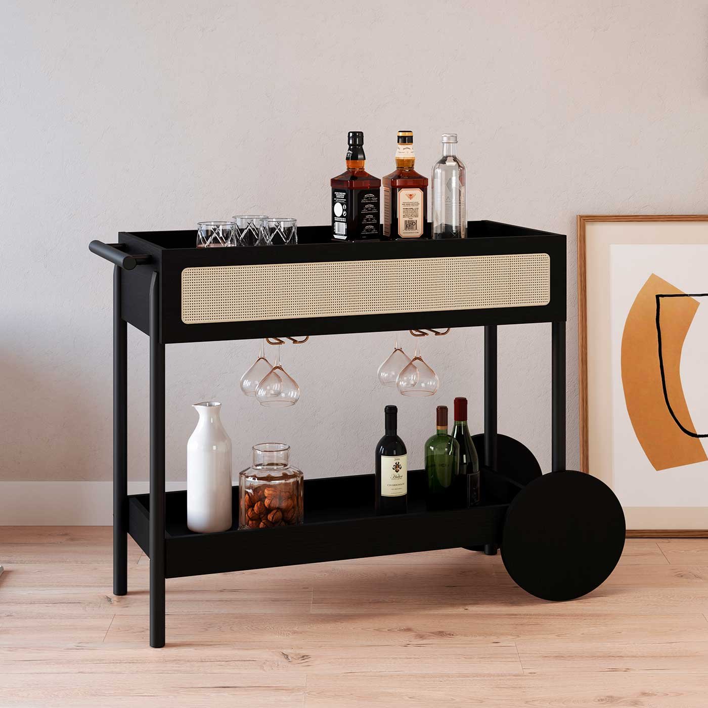 Carrinho Bar 1 Gaveta 112cm C/ Porta Taças Palhinha Pé Madeira Oslo Artesano | Nero - Nero/preto