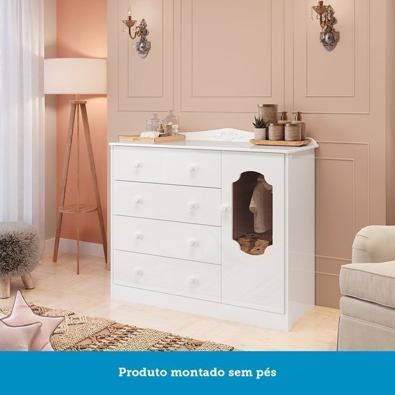 Quarto de Bebê com Cômoda 1 Porta com Janela e Berço com Capitonê Maya Provençal 100% Mdf - 13