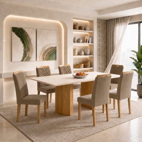 Conjunto de Mesa de Jantar 6 Lugares 160x80cm Isla Carol Cinamomo Off White