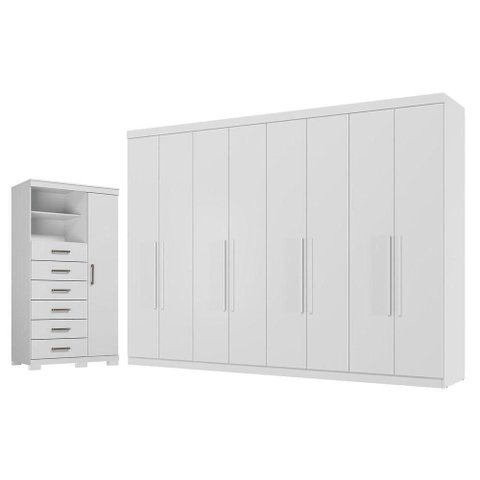 Guarda Roupa Casal Master New 8 Portas 4 Gavetas MDP Cômoda 1 Porta 6 Gavetas Marabá Branco Brilho