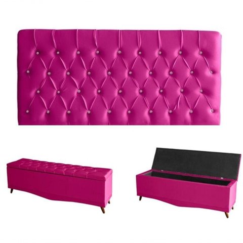 Kit Estrela Cabeceira de Cama Painel e Calçadeira Baú Botão Cristal King 195 Cm Suede Rosa Pink