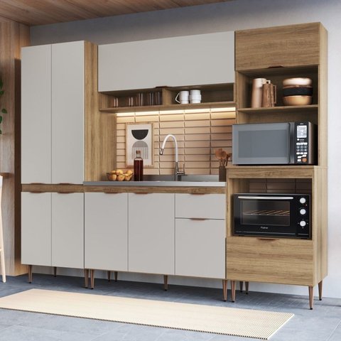 Cozinha Completa Modulada 4 Peças com Torre Quente para 2 Fornos e Paneleiro Duplo Veneza Modulada Bege/Mel/Arenas