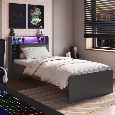 Cama de Solteiro Juvenil com LED e 1 Porta para Colchão 188x88cm Multimóveis Crart-CAM006 Grafite
