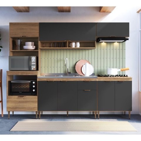 Cozinha Completa Modulada 5 Peças com Torre Quente para 2 Fornos Veneza Modulada Cinza/Mel/Grafite