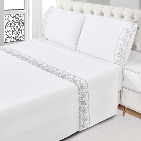 Lençol de Casal Bordado Ingles Toque de Seda 4 Peças - Branco/cinza