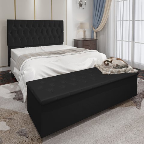 Conjunto Cabeceira Casal e Recamier Baú 1,40m Madrid Suede Preto Dal Poz Estofados