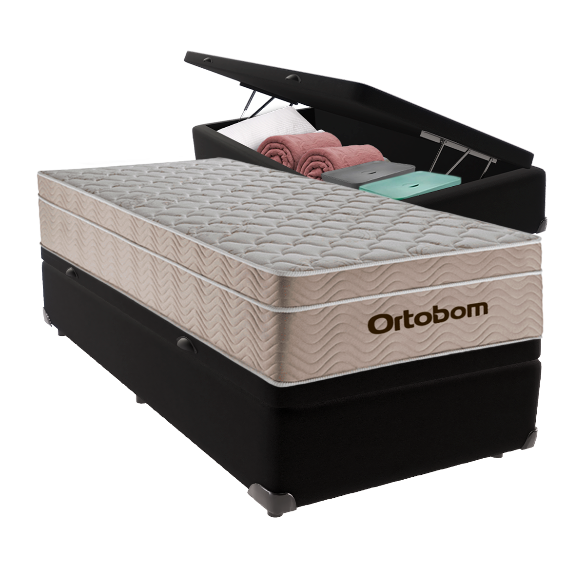 Cama Box com Baú Solteiro Preta e Colchão Ortobom Airtech Molas Ensacadas - 1