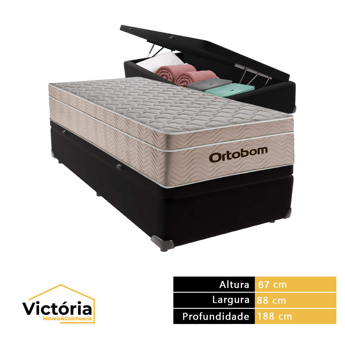 Cama Box com Baú Solteiro Preta e Colchão Ortobom Airtech Molas Ensacadas - 3