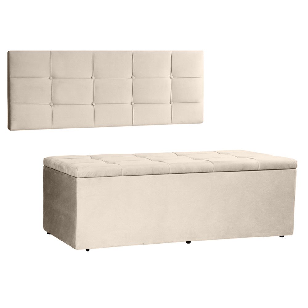 Kit Painel e Calçadeira Baú King 1,95m Roma Suede Bege - Pallazio