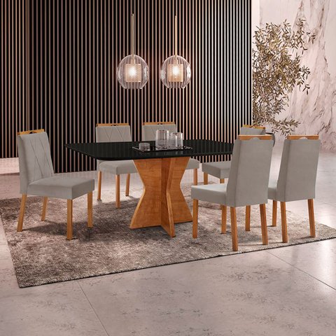 Conjunto Sala de Jantar Mesa Madri160x90cm Tampo Retângular Vidro Preto com 6 Cadeir