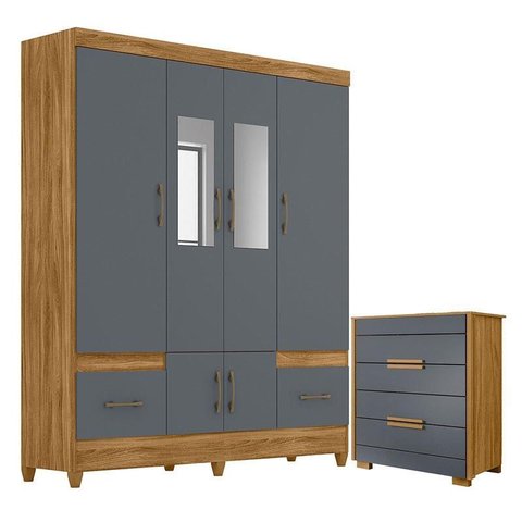Guarda Roupa Casal Ms912 com Espelho e Cômoda Dhara Freijó Cinza – Moval