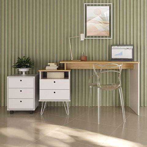 Conjunto Escrivaninha Mesa Escritório Home Office Plus com Gaveteiro New 5 Gavetas Espresso Moveis Branco/Olmo Artany