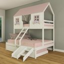 Ver imagem 1 de Treliche Casal/ Solteiro Casinha Encantada com Kit Escada/ Escorregador Madeira Maciça Branco/ Rosa