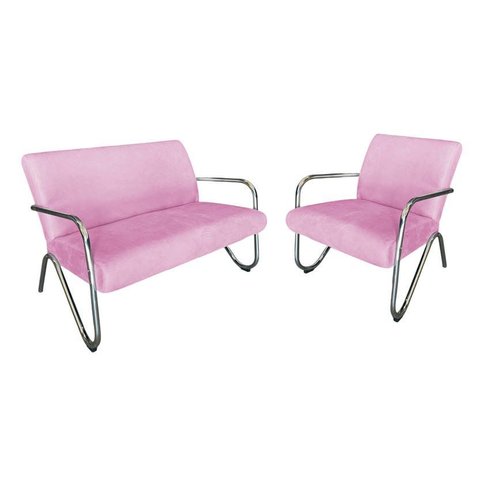Kit Namoradeira + Poltrona Decorativa Bela Suede Rosa Bebê Braço Cromado