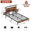Ver imagem 4 de Cama Queen com Cabeceira, Led, Tomadas Usb e Prateleiras Laterais Estilo Industrial Marrom e Preto