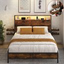 Ver imagem 3 de Cama Queen com Cabeceira, Led, Tomadas Usb e Prateleiras Laterais Estilo Industrial Marrom e Preto