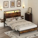 Ver imagem 1 de Cama Queen com Cabeceira, Led, Tomadas Usb e Prateleiras Laterais Estilo Industrial Marrom e Preto