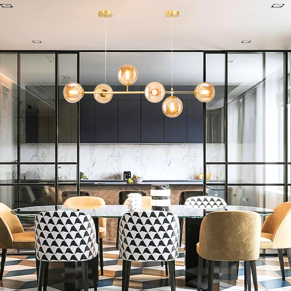 Ver imagem 5 de Luminária Lustre 110cm Jabuticaba 6 Globos Vidro Pendente Teto Dourada Gimpo Kjdd-e-544-gold-amber-6