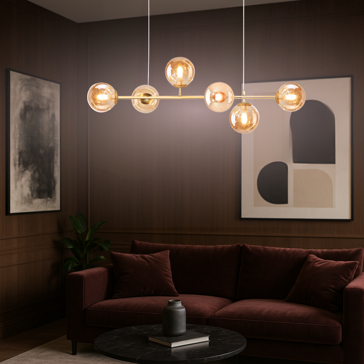 Ver imagem 2 de Luminária Lustre 110cm Jabuticaba 6 Globos Vidro Pendente Teto Dourada Gimpo Kjdd-e-544-gold-amber-6