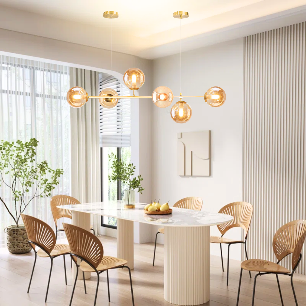 Ver imagem 3 de Luminária Lustre 110cm Jabuticaba 6 Globos Vidro Pendente Teto Dourada Gimpo Kjdd-e-544-gold-amber-6