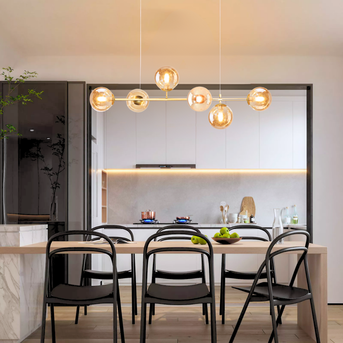 Ver imagem 7 de Luminária Lustre 110cm Jabuticaba 6 Globos Vidro Pendente Teto Dourada Gimpo Kjdd-e-544-gold-amber-6