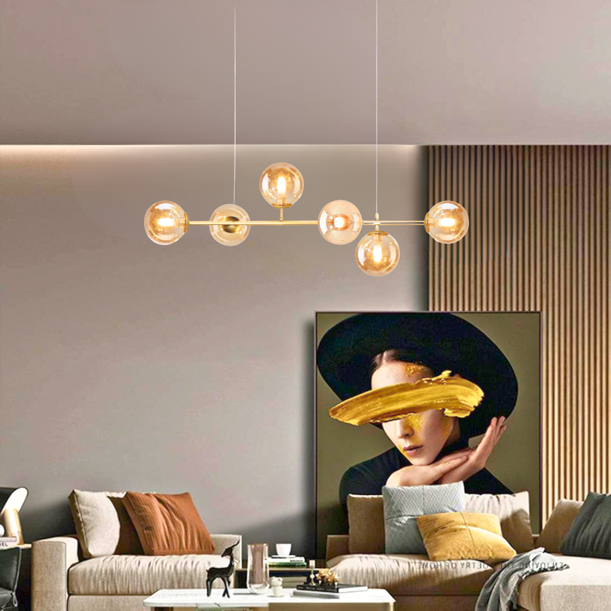 Ver mais imagens de Luminária Lustre 110cm Jabuticaba 6 Globos Vidro Pendente Teto Dourada Gimpo Kjdd-e-544-gold-amber-6