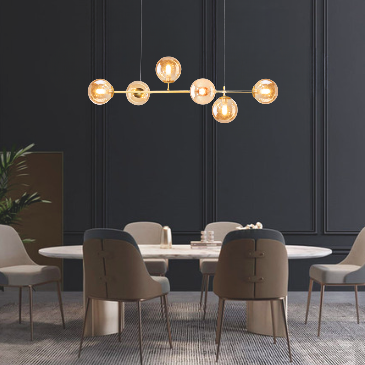 Ver imagem 4 de Luminária Lustre 110cm Jabuticaba 6 Globos Vidro Pendente Teto Dourada Gimpo Kjdd-e-544-gold-amber-6