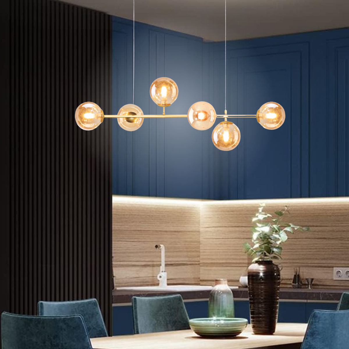 Ver imagem 6 de Luminária Lustre 110cm Jabuticaba 6 Globos Vidro Pendente Teto Dourada Gimpo Kjdd-e-544-gold-amber-6