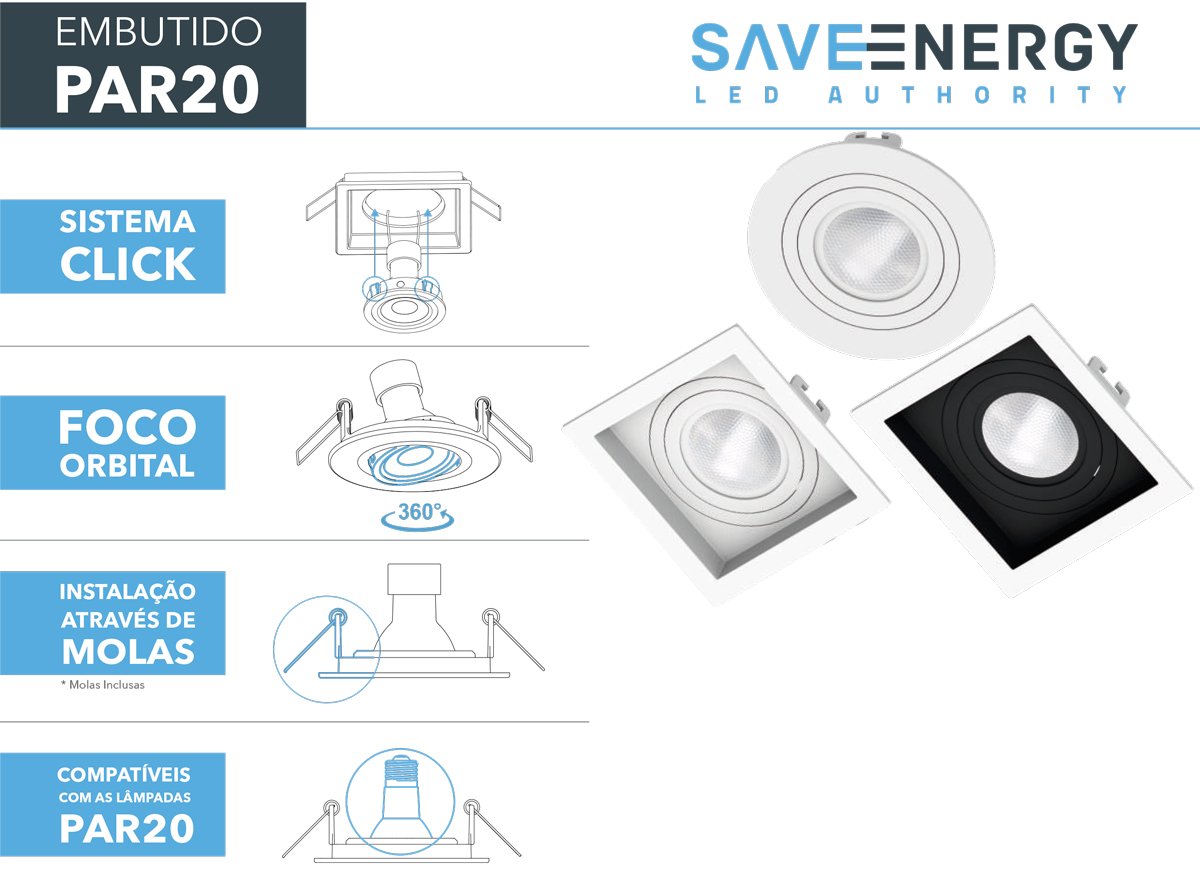 Kit 18 Spot Embutir Redondo Recuado Par20 Branco + Lâmpada Led 4,8w 4000k - 4