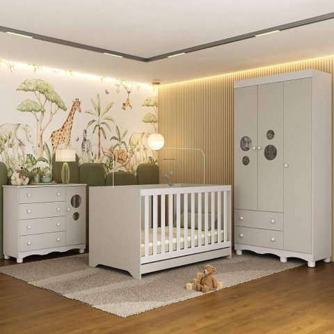 Quarto de Bebê Completo com Berço Americano 3 em 1 Suspiro Multimóveis Mp4624 Branco/off White